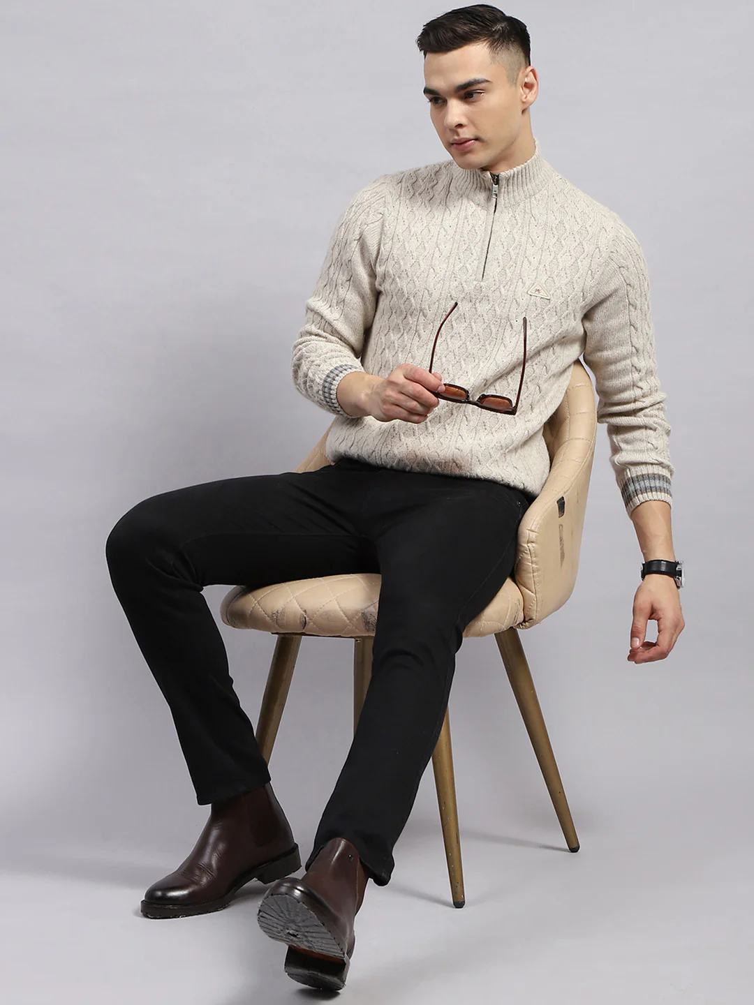 Men Cream Self Design High Neck Full Sleeve Pullover - Image 2