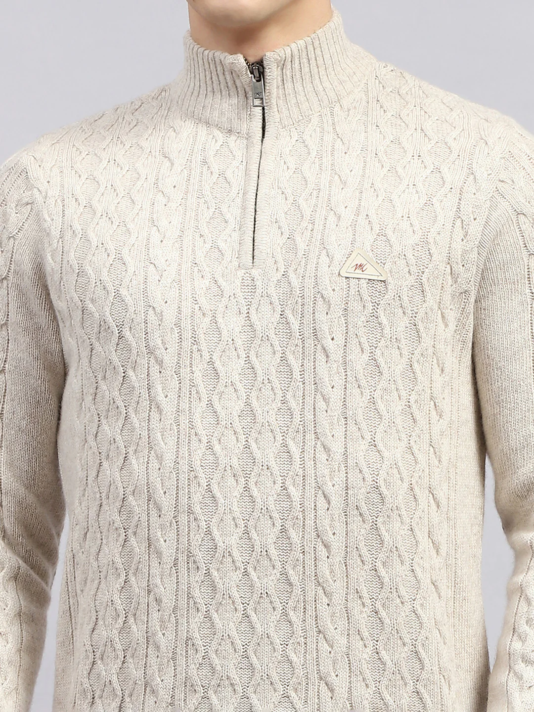 Men Cream Self Design High Neck Full Sleeve Pullover - Image 6