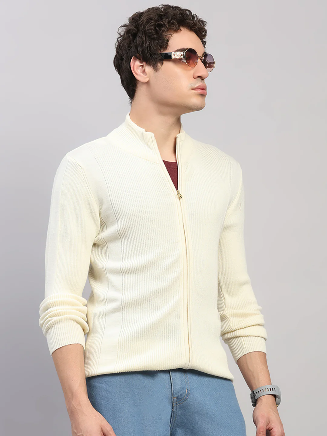Luxuria Men Cream Self Design Round Neck Full Sleeve Pullover - Image 4