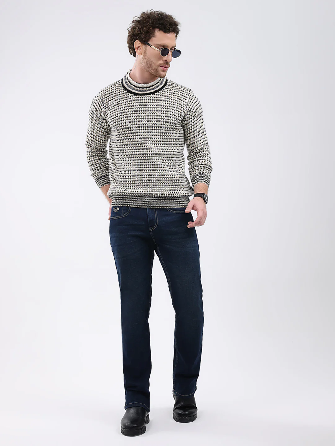 Men Cream Self Design Round Neck Full Sleeve Pullover - Image 2