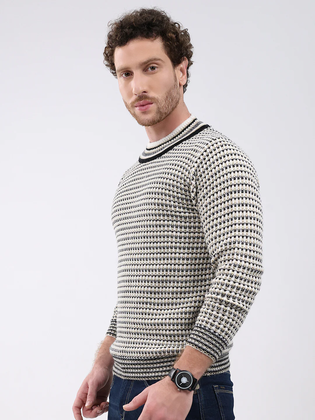 Men Cream Self Design Round Neck Full Sleeve Pullover - Image 3