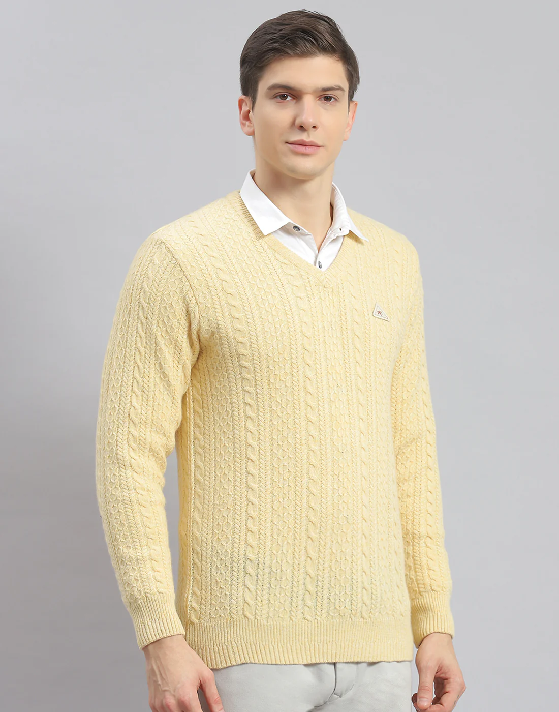 Men Cream Self Design V Neck Full Sleeve Pullover - Image 4