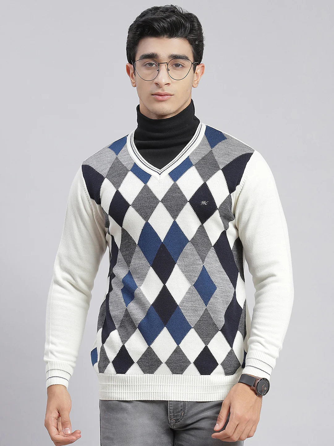 Men Cream Self Design V Neck Full Sleeve Sweaters/Pullovers - Image 2