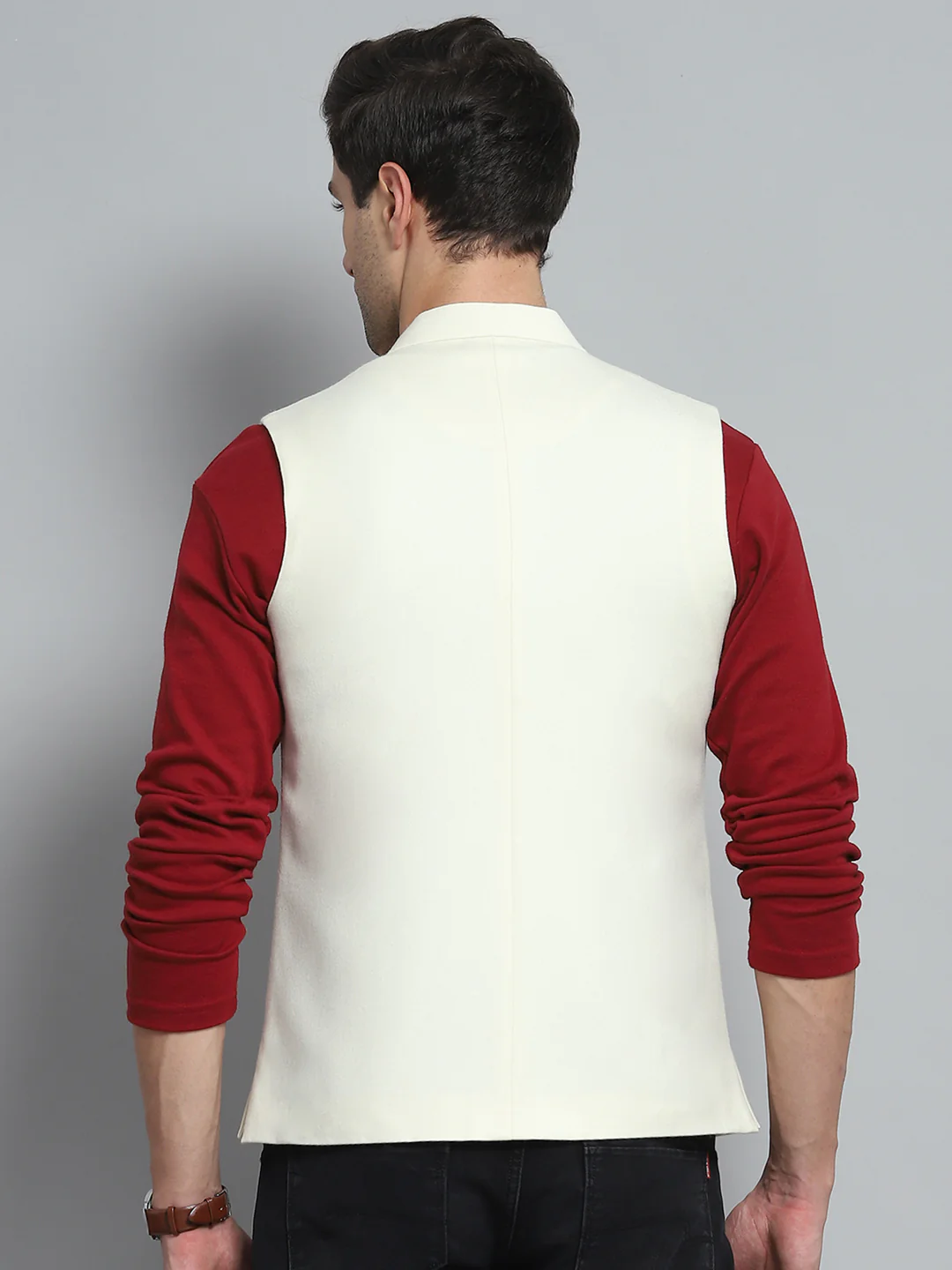 Men Cream Solid Band Collar Sleeveless Nehru Jacket - Image 5
