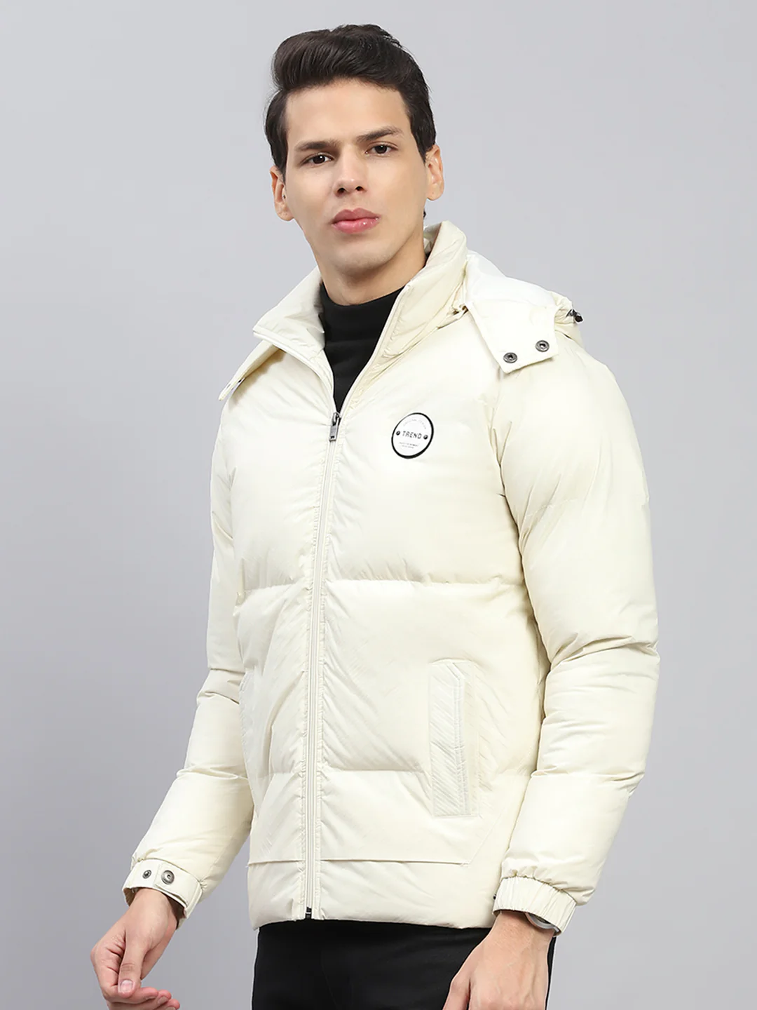 Men Cream Solid Detachable Hood Full Sleeve Jacket - Image 3