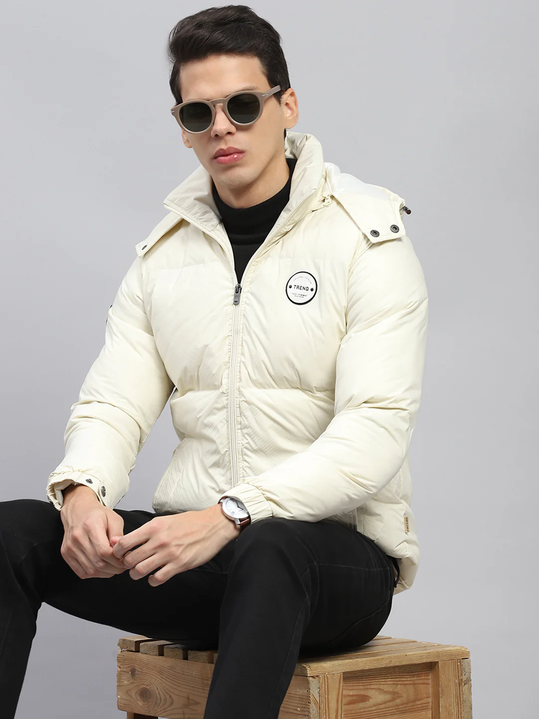 Men Cream Solid Detachable Hood Full Sleeve Jacket - Image 6