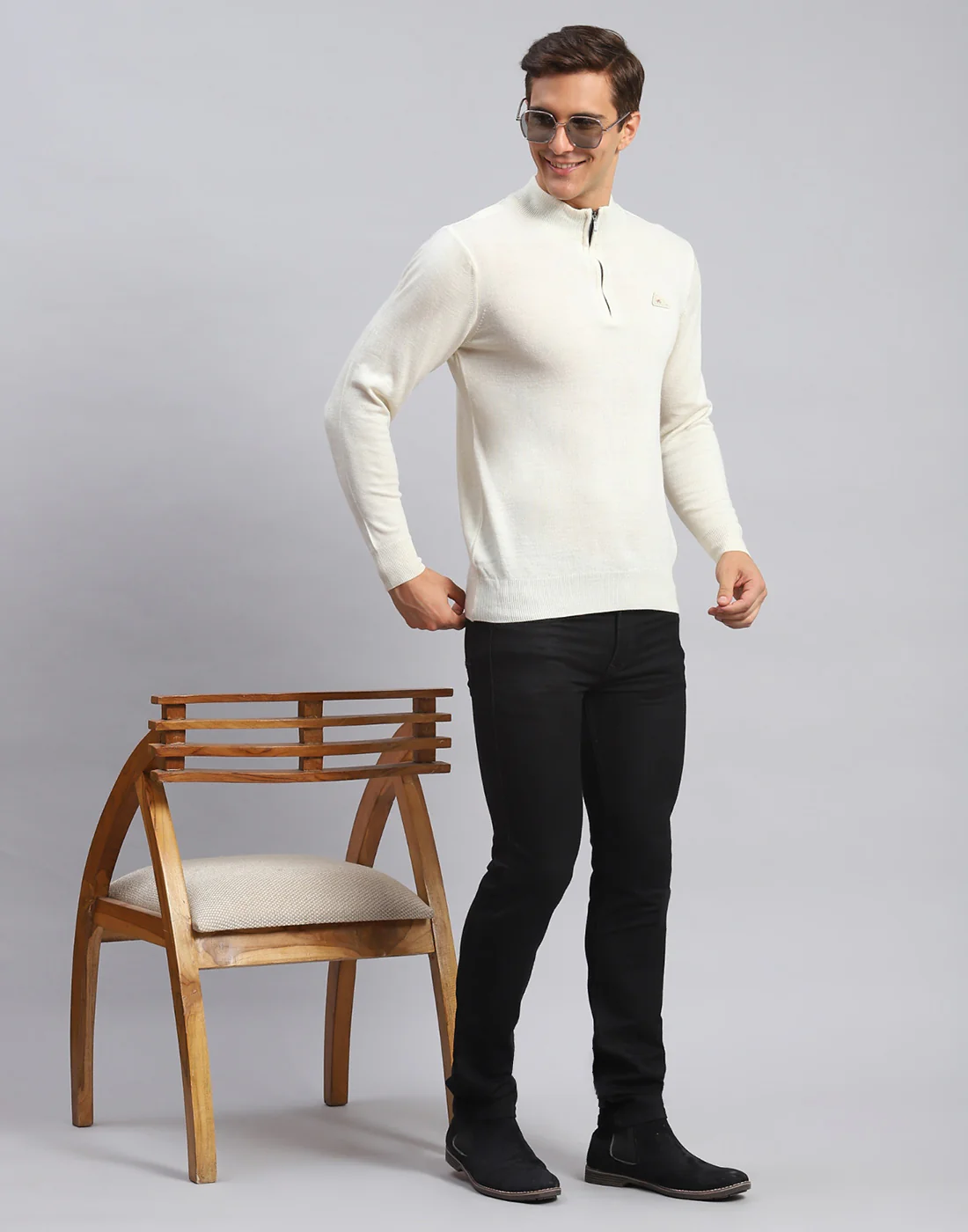 Men Cream Solid High Neck Full Sleeve Pullover - Image 2