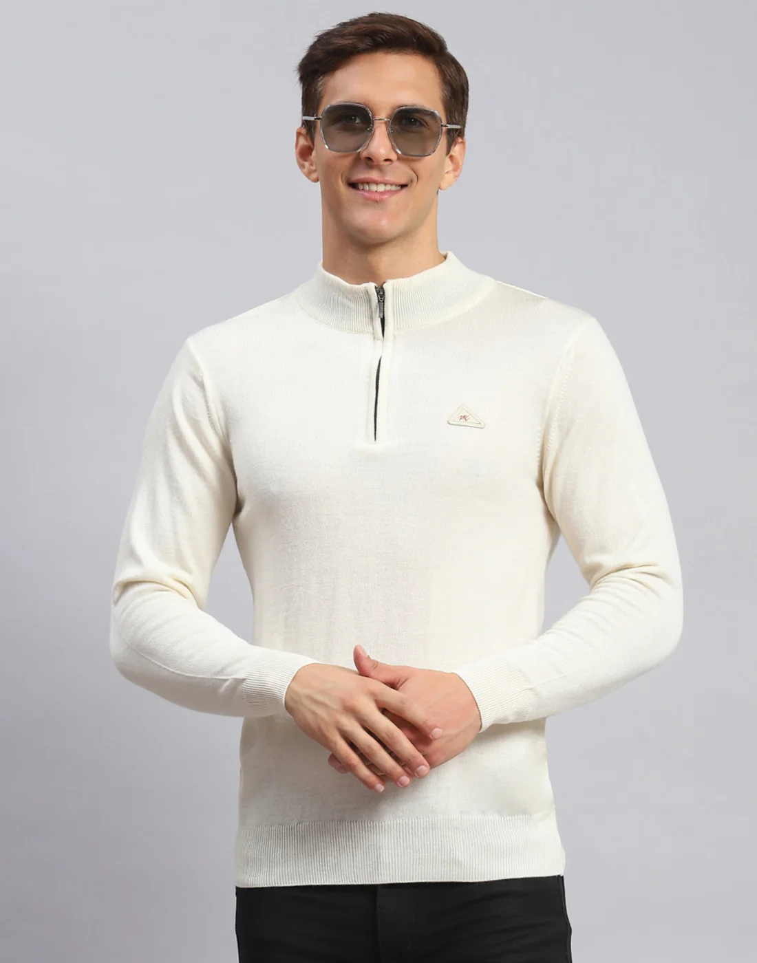 Men Cream Solid High Neck Full Sleeve Pullover - Image 3