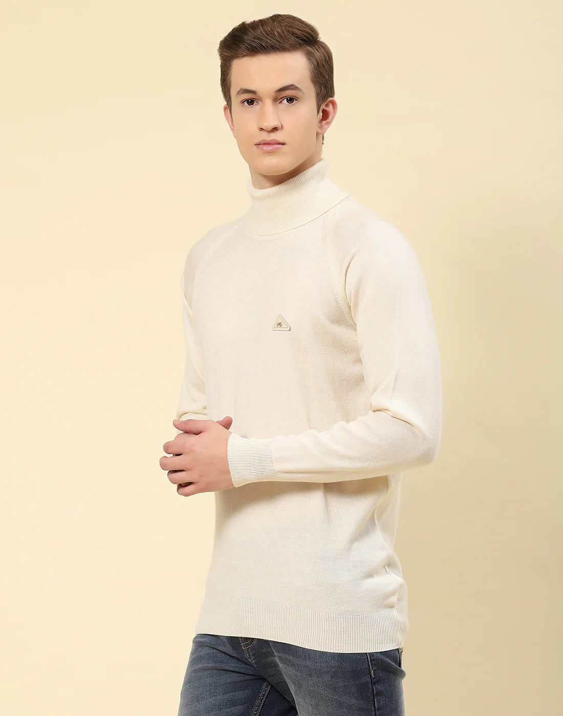 Men Cream Solid High Neck Full Sleeve Pullover - Image 3