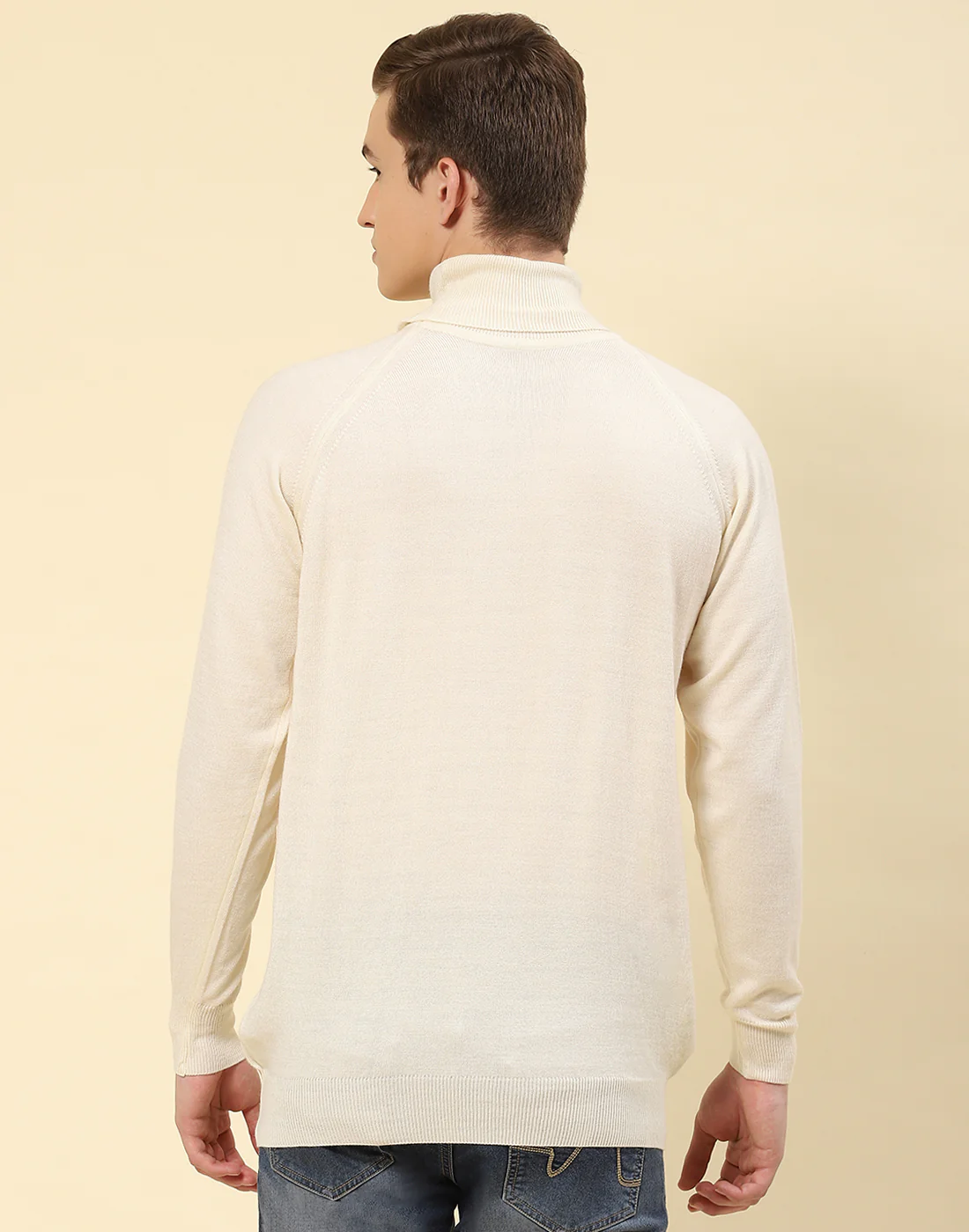 Men Cream Solid High Neck Full Sleeve Pullover - Image 5
