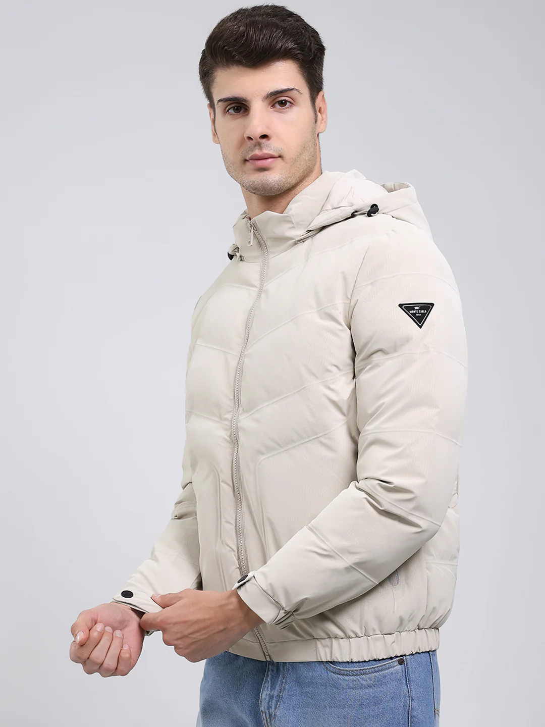 Men Cream Solid Hooded Full Sleeve Jacket - Image 3