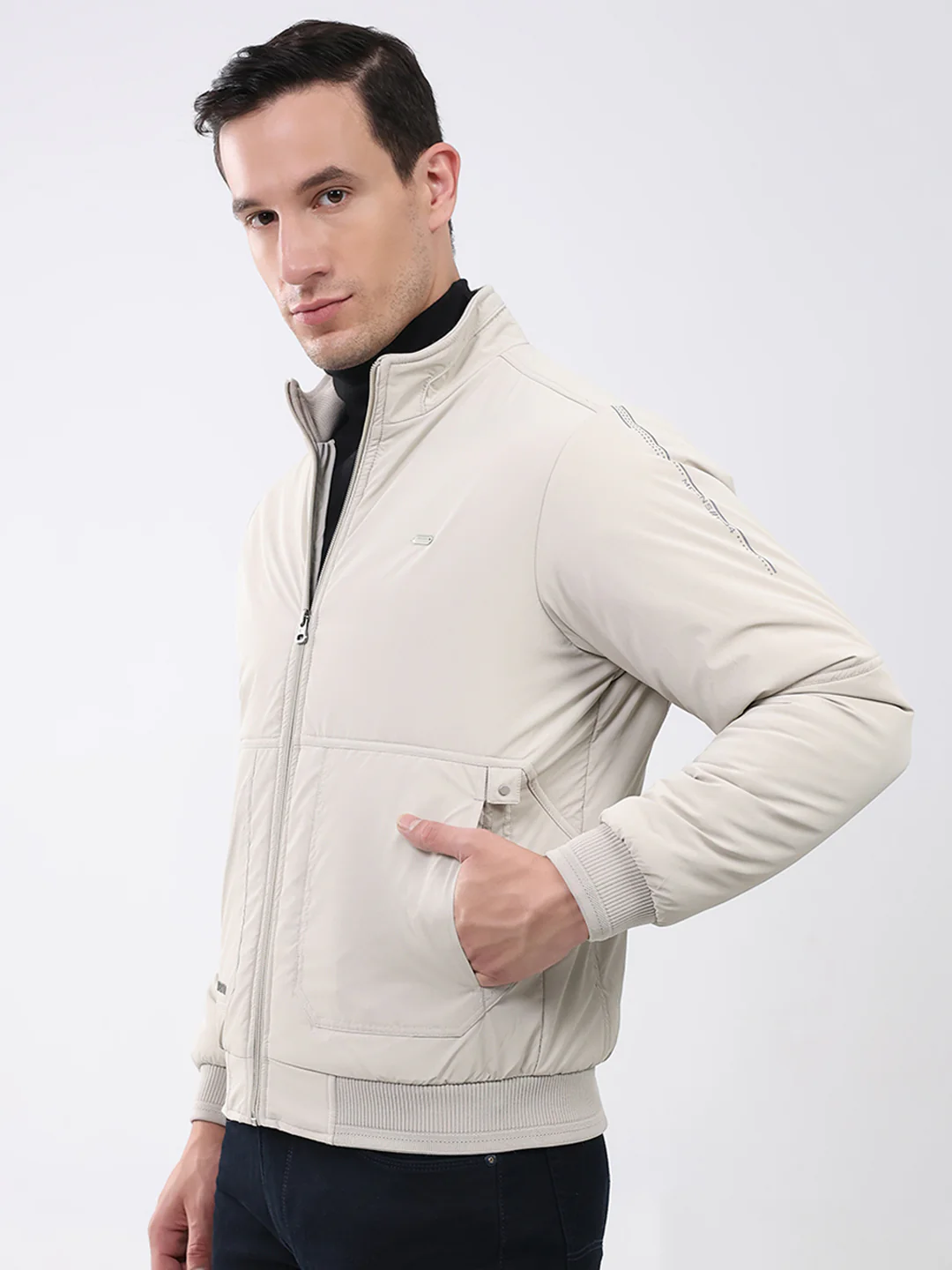 Men Cream Solid Mock Neck Full Sleeve Jacket - Image 3