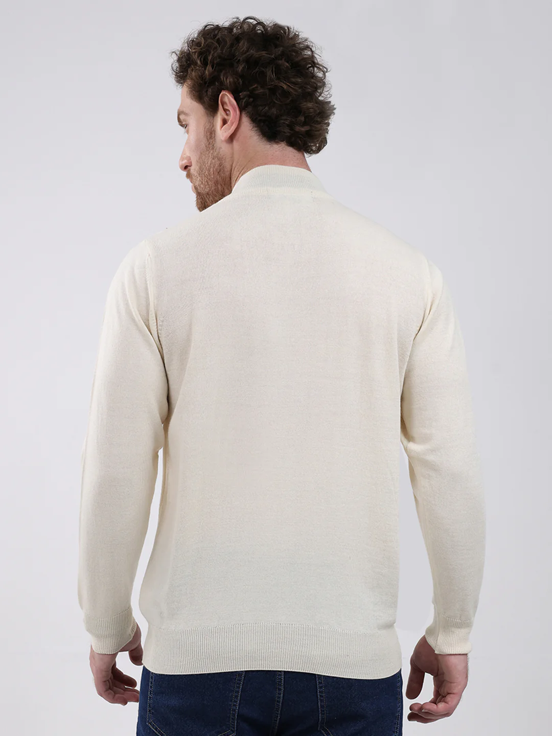Men Cream Solid Mock Neck Full Sleeve Pullover - Image 5