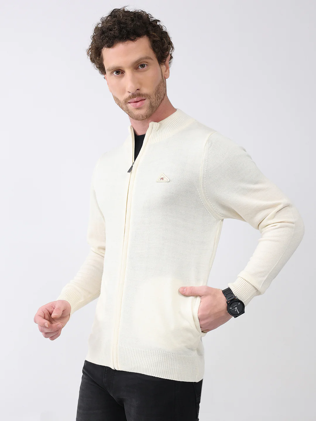 Men Cream Solid Mock Neck Full Sleeve Pullover - Image 4