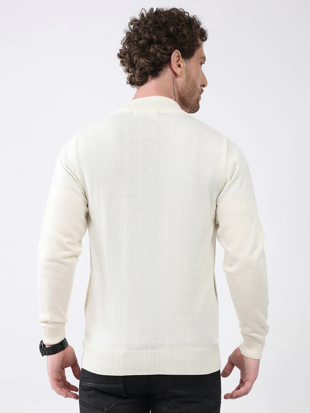 Men Cream Solid Mock Neck Full Sleeve Pullover - Image 5