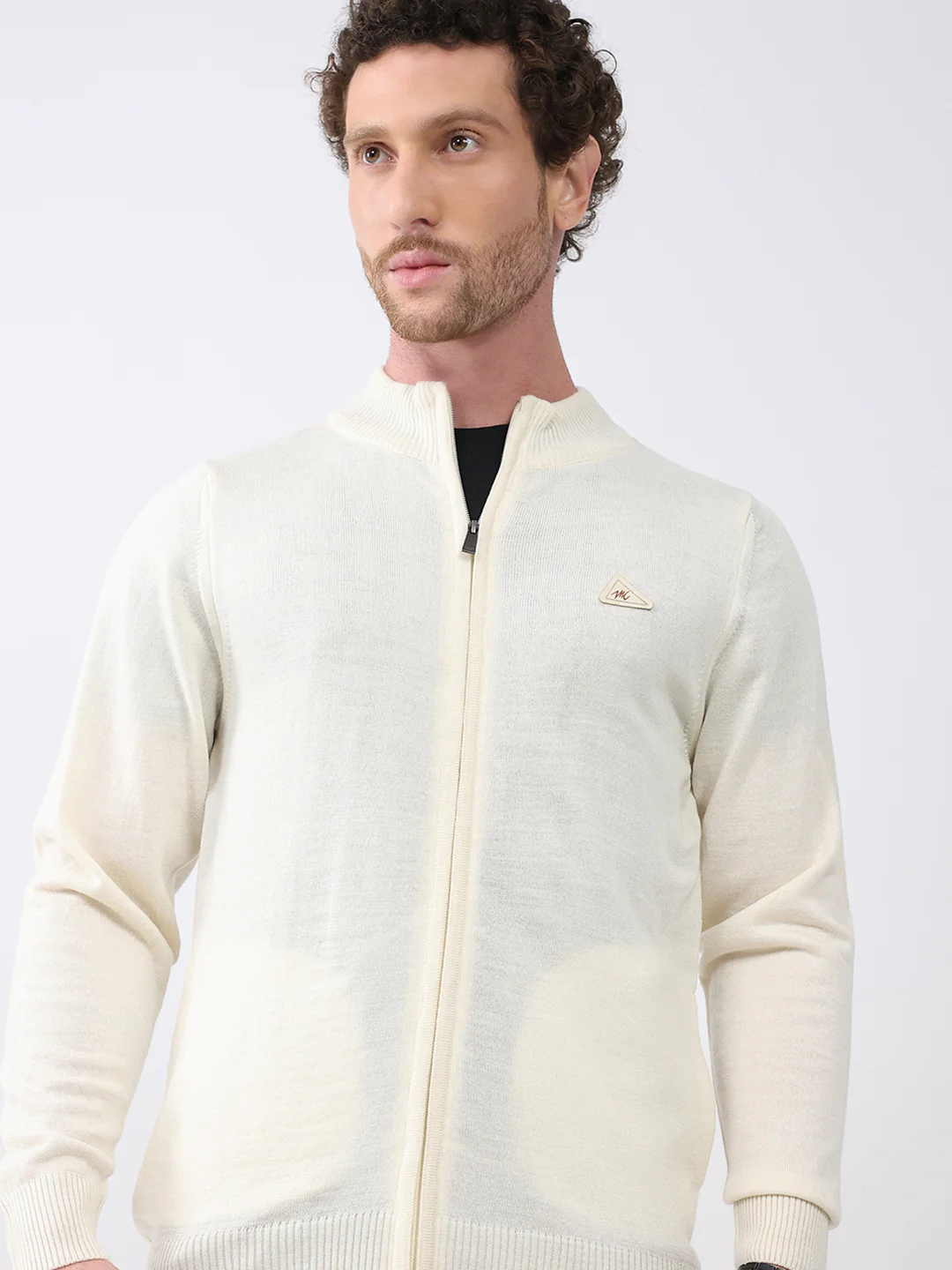 Men Cream Solid Mock Neck Full Sleeve Pullover - Image 6
