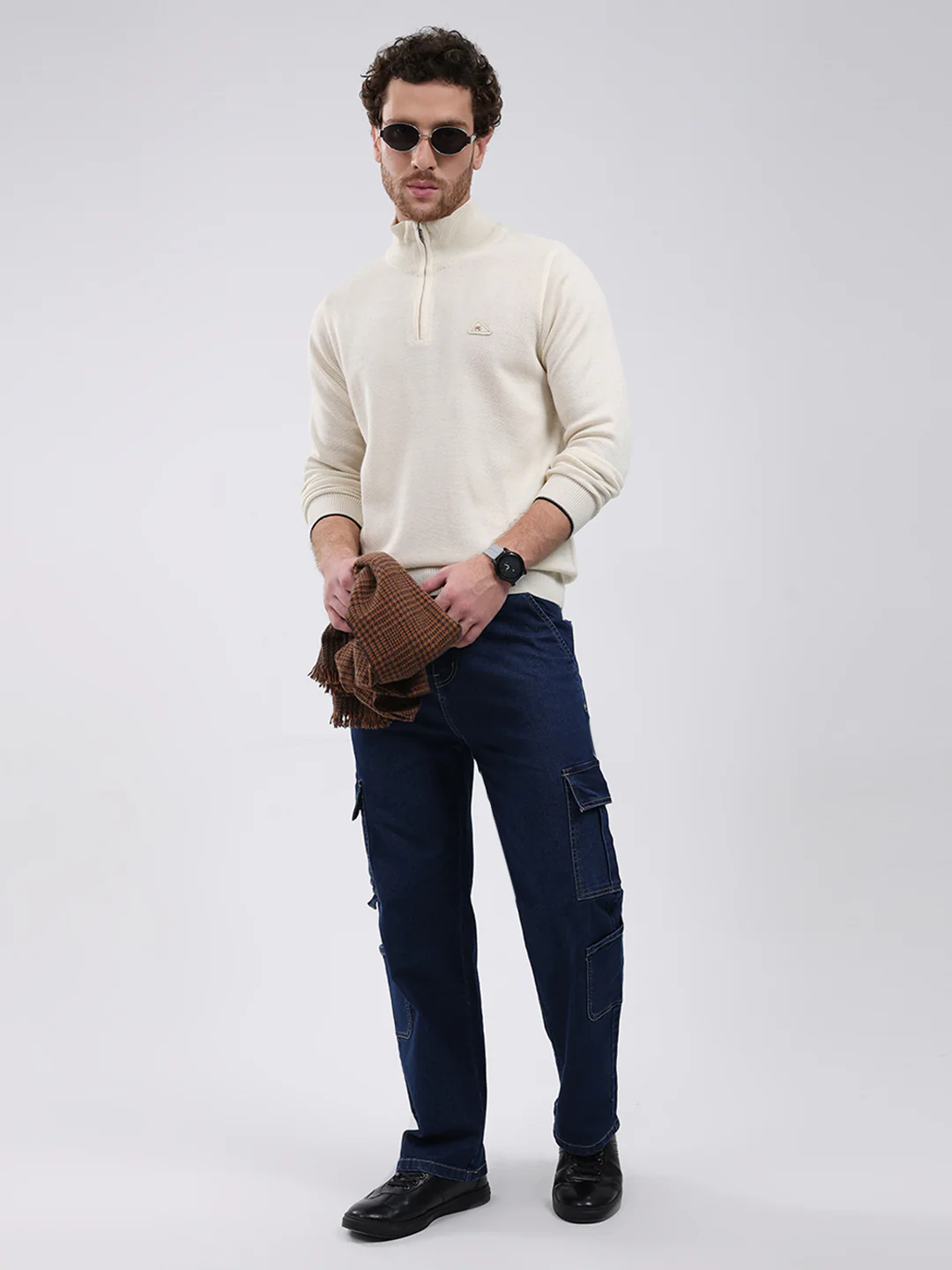 Men Cream Solid Mock Neck Full Sleeve Pullover - Image 2