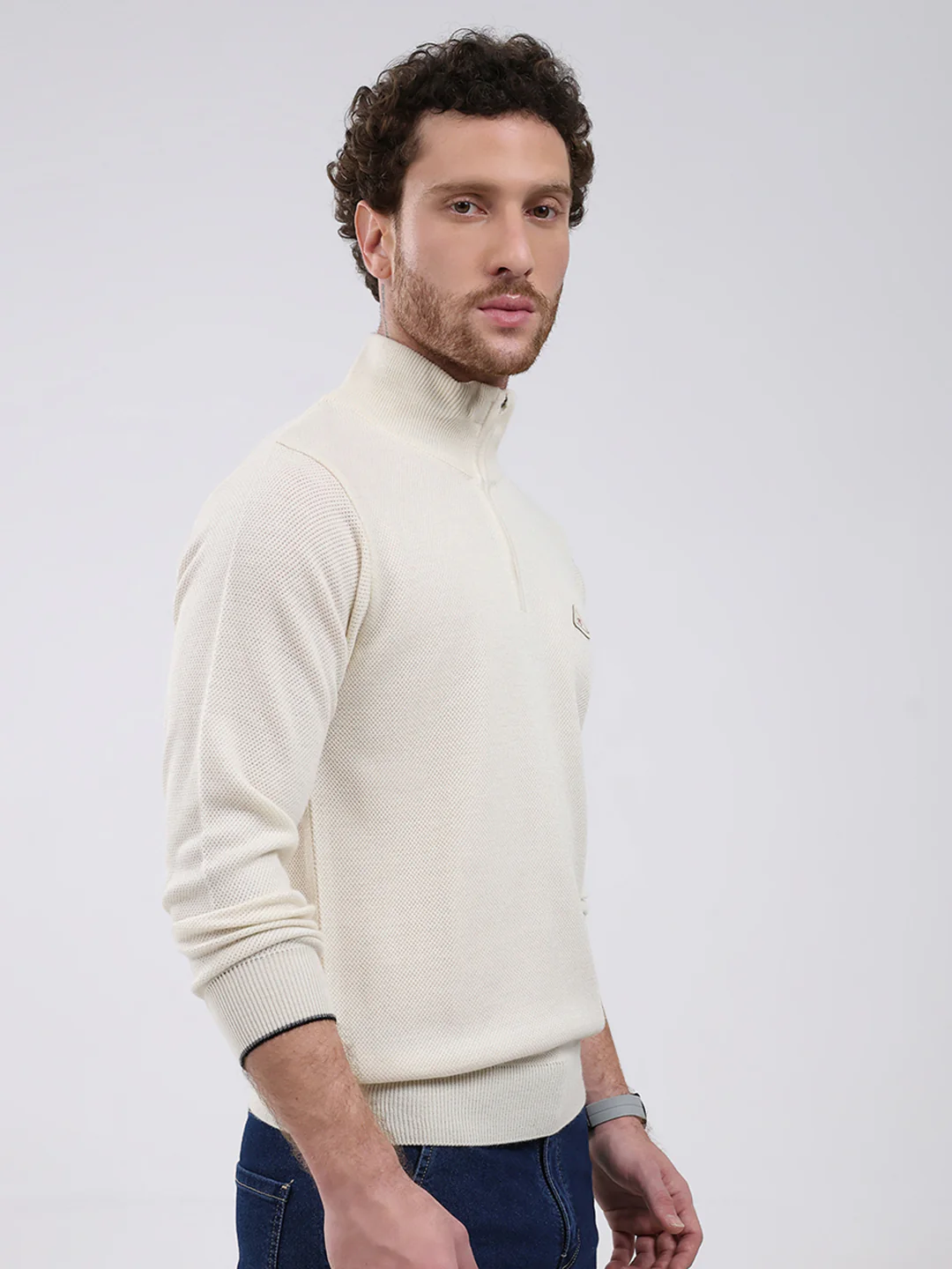 Men Cream Solid Mock Neck Full Sleeve Pullover - Image 4