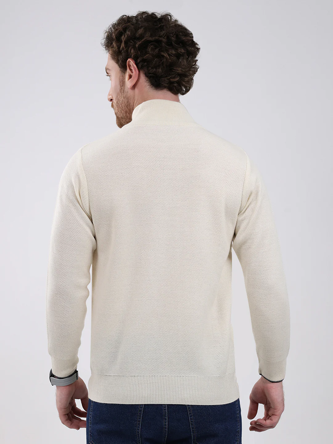 Men Cream Solid Mock Neck Full Sleeve Pullover - Image 5