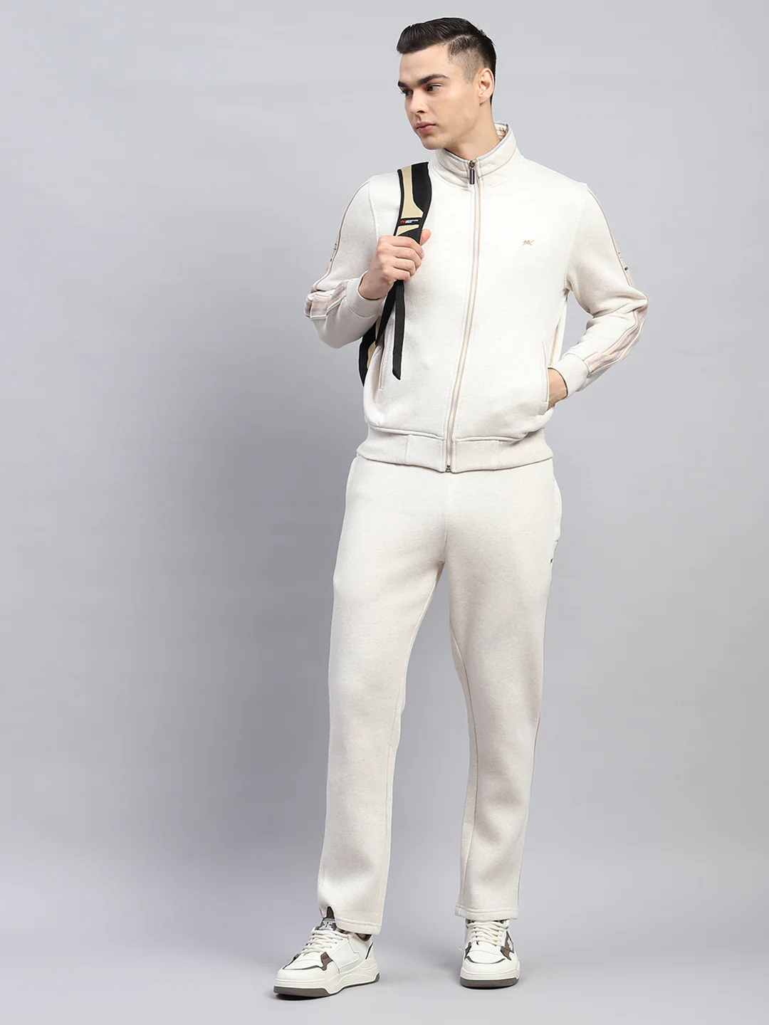 Men Cream Solid Mock Neck Full Sleeve Winter Tracksuit - Image 2