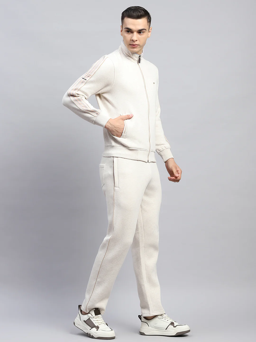 Men Cream Solid Mock Neck Full Sleeve Winter Tracksuit - Image 4