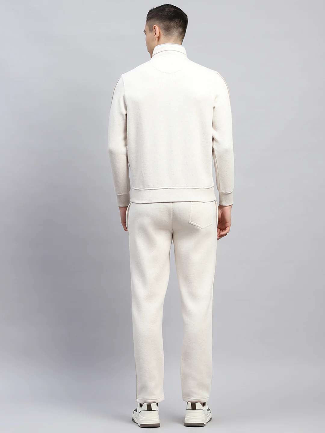 Men Cream Solid Mock Neck Full Sleeve Winter Tracksuit - Image 5