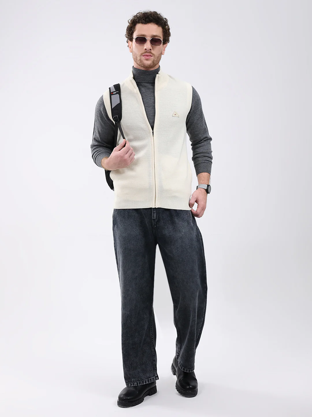 Men Cream Solid Mock Neck Sleeveless Sweater - Image 2