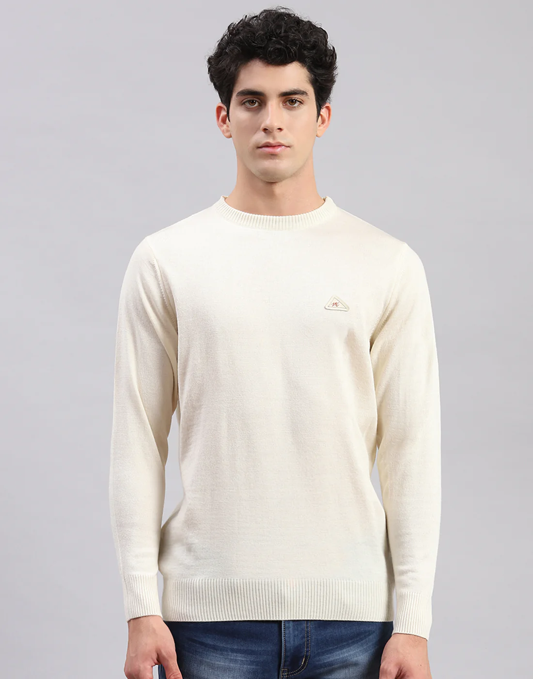 Men Cream Solid Round Neck Full Sleeve Pullover - Image 2