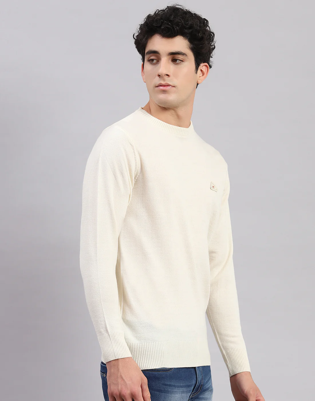 Men Cream Solid Round Neck Full Sleeve Pullover - Image 4
