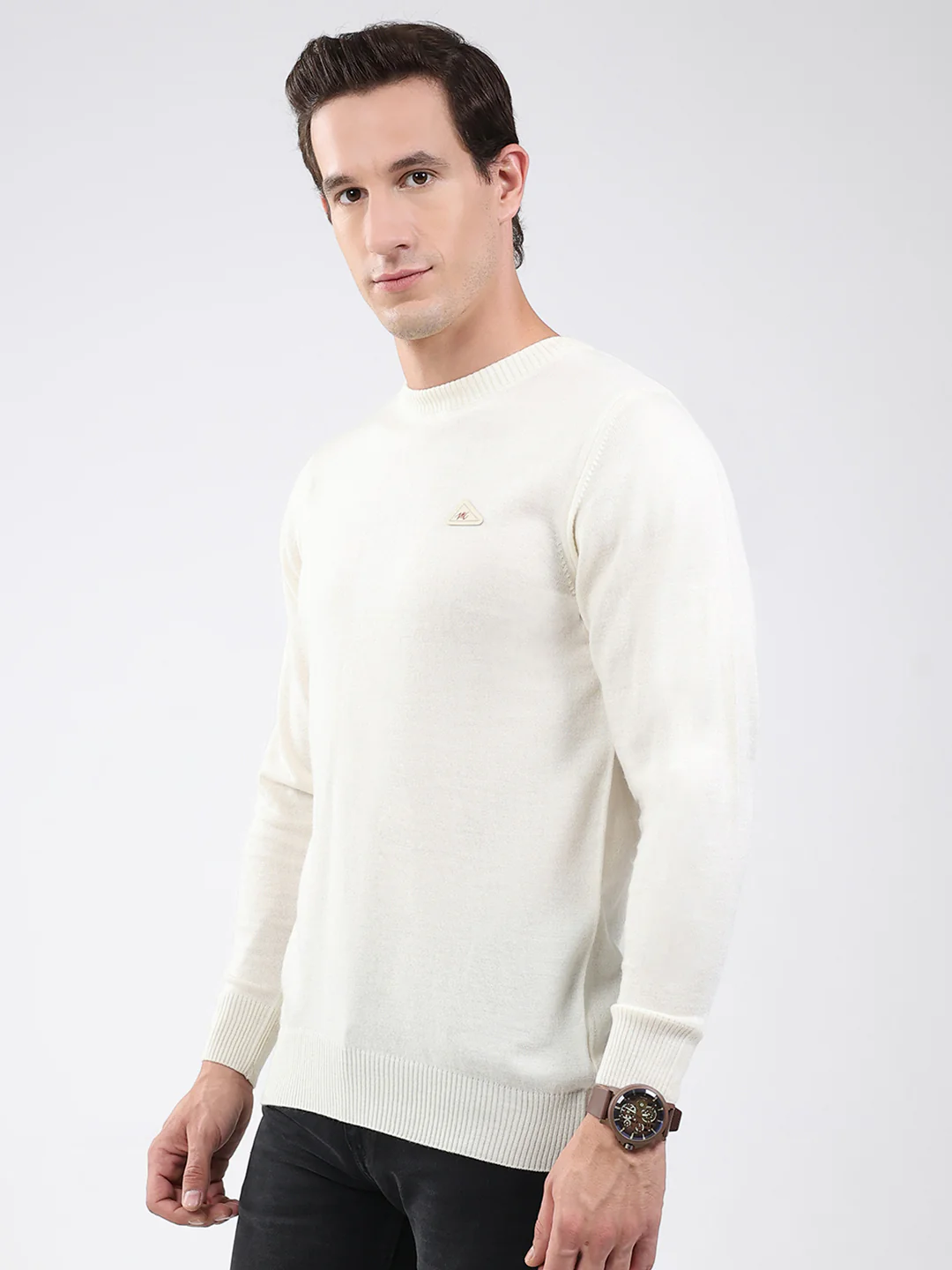 Men Cream Solid Round Neck Full Sleeve Pullover - Image 7
