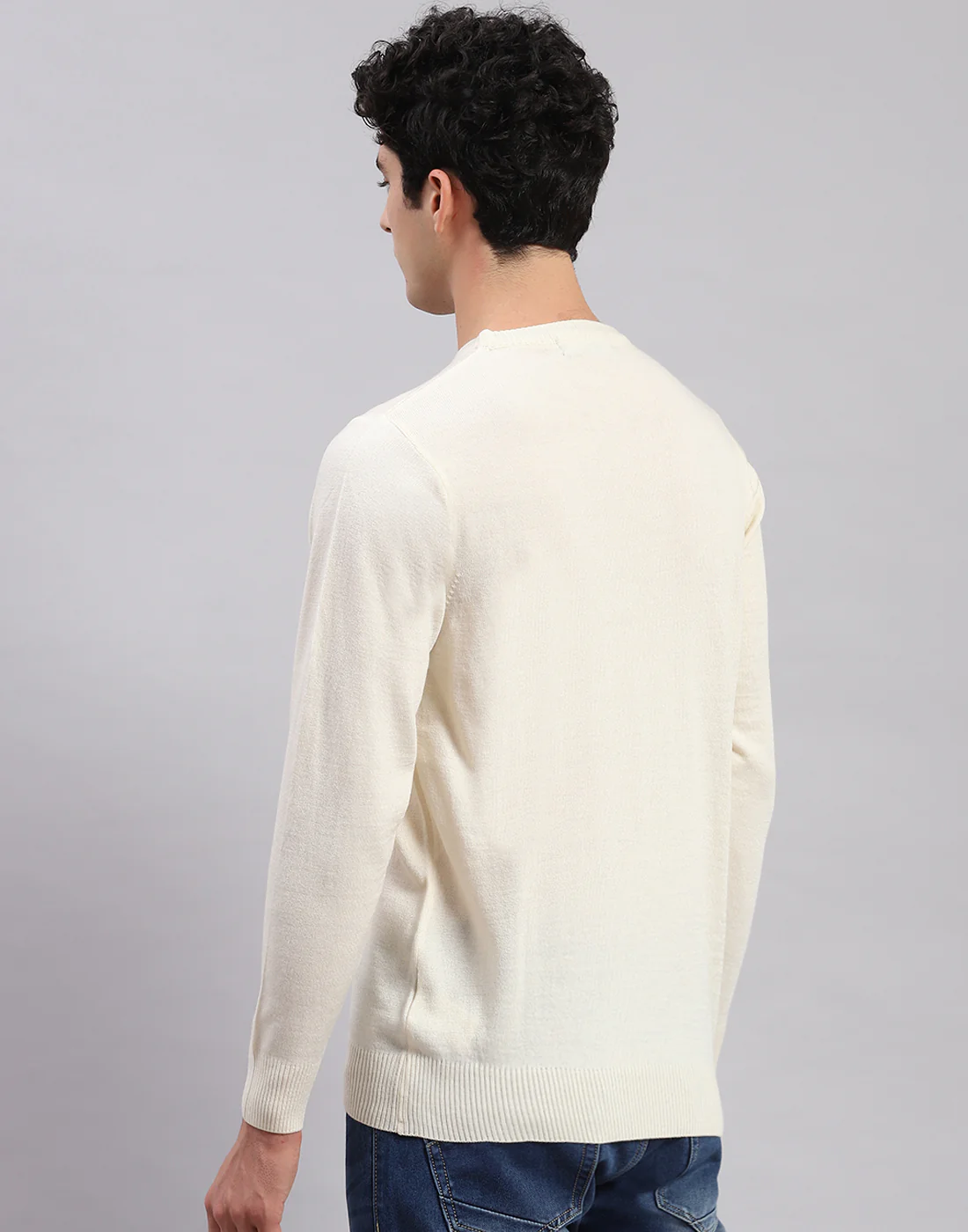 Men Cream Solid Round Neck Full Sleeve Sweaters/Pullovers - Image 5