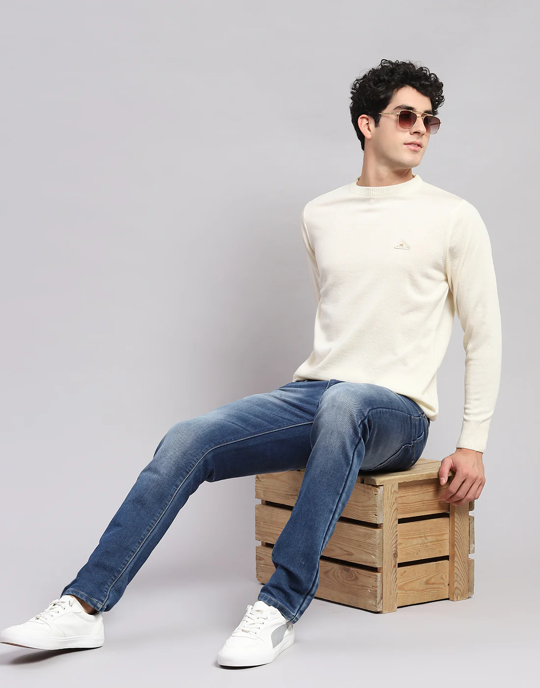 Men Cream Solid Round Neck Full Sleeve Sweaters/Pullovers - Image 6