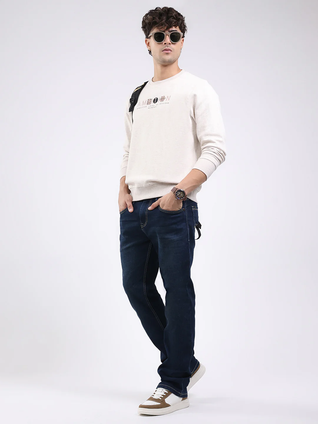 Men Cream Solid Round Neck Full Sleeve Winter T-Shirt - Image 2