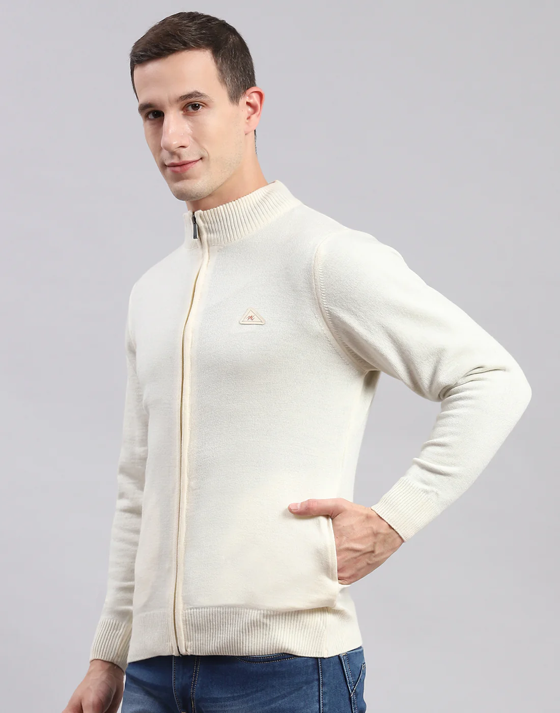 Men Cream Solid Stand Collar Full Sleeve Sweaters/Pullovers - Image 3