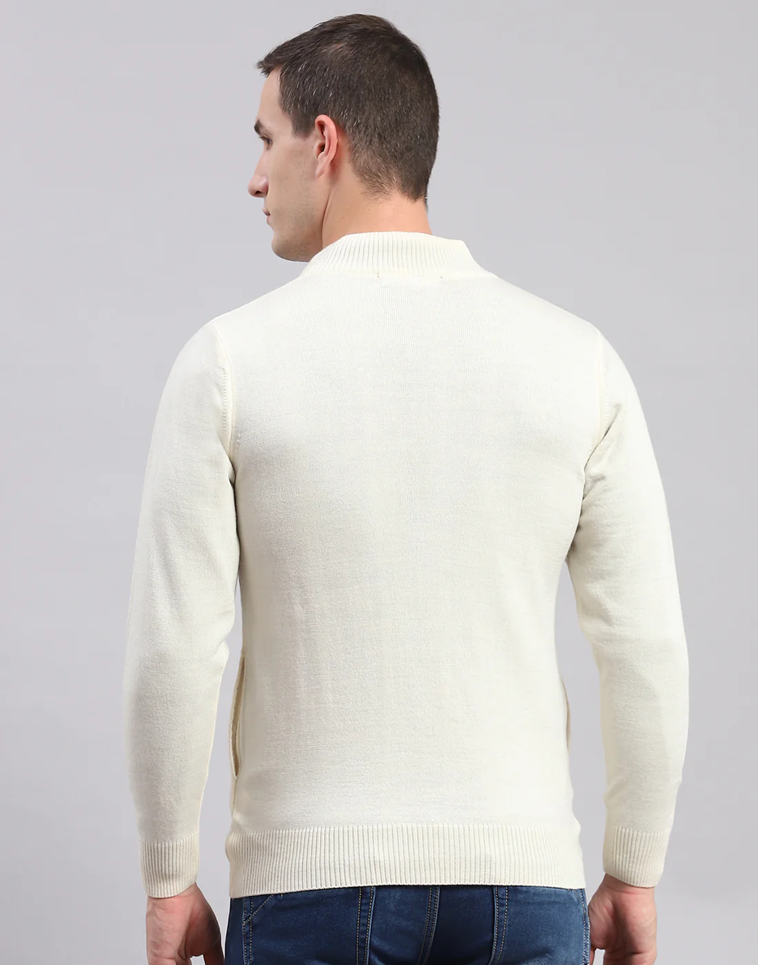Men Cream Solid Stand Collar Full Sleeve Sweaters/Pullovers - Image 5