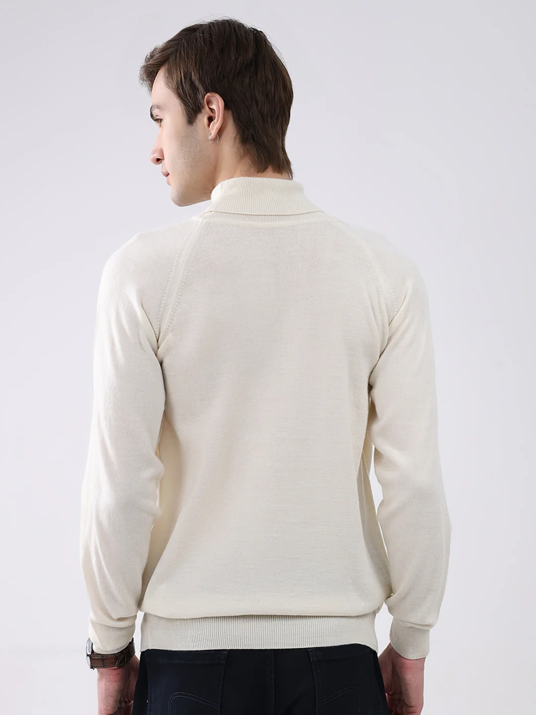 Men Cream Solid Turtle Neck Full Sleeve Pullover - Image 5