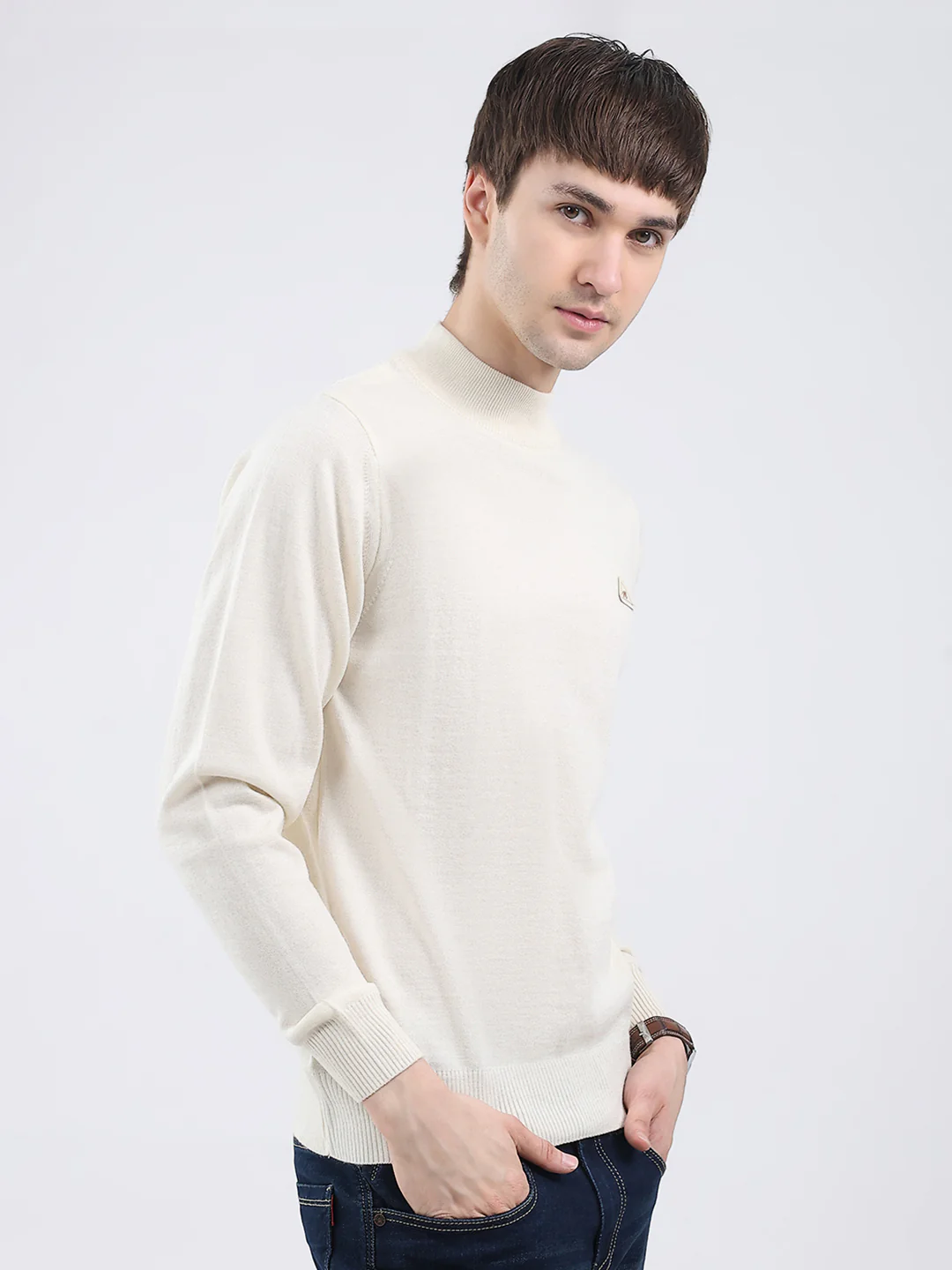 Men Cream Solid Turtle Neck Full Sleeve Pullover - Image 4