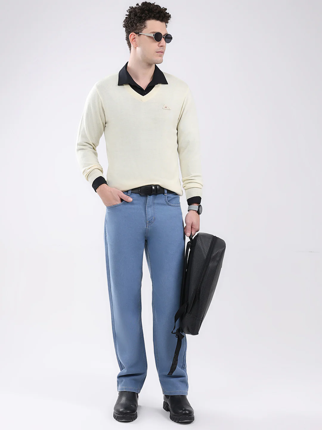 Men Cream Solid V Neck Full Sleeve Pullover - Image 2