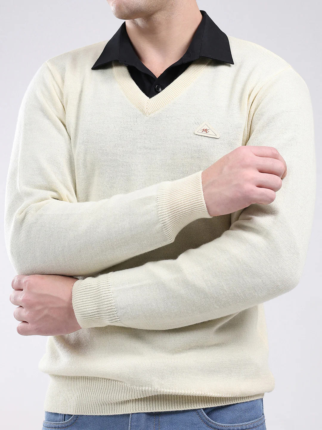 Men Cream Solid V Neck Full Sleeve Pullover - Image 6