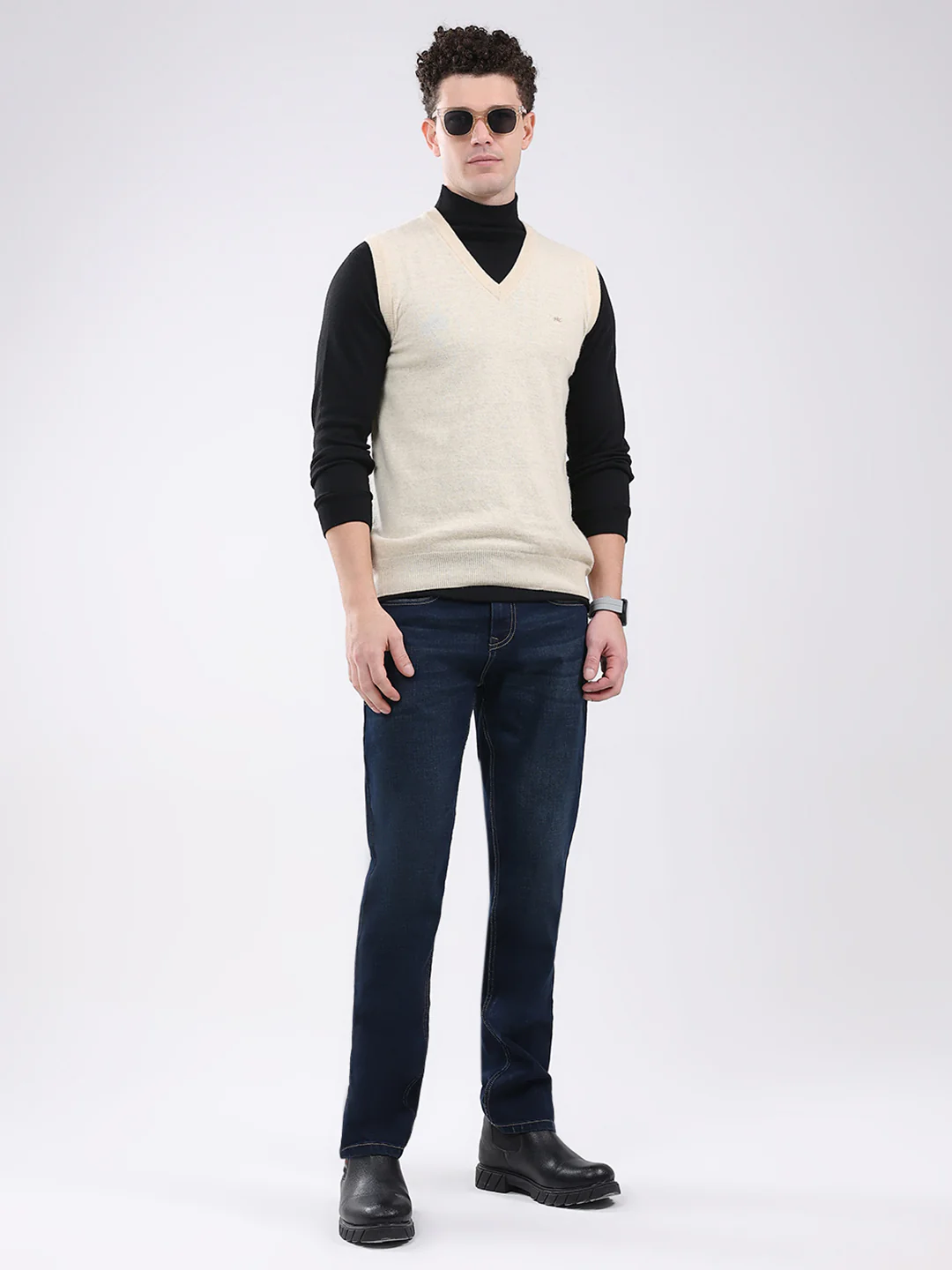 Men Cream Solid V Neck Sleeveless Sweater - Image 2