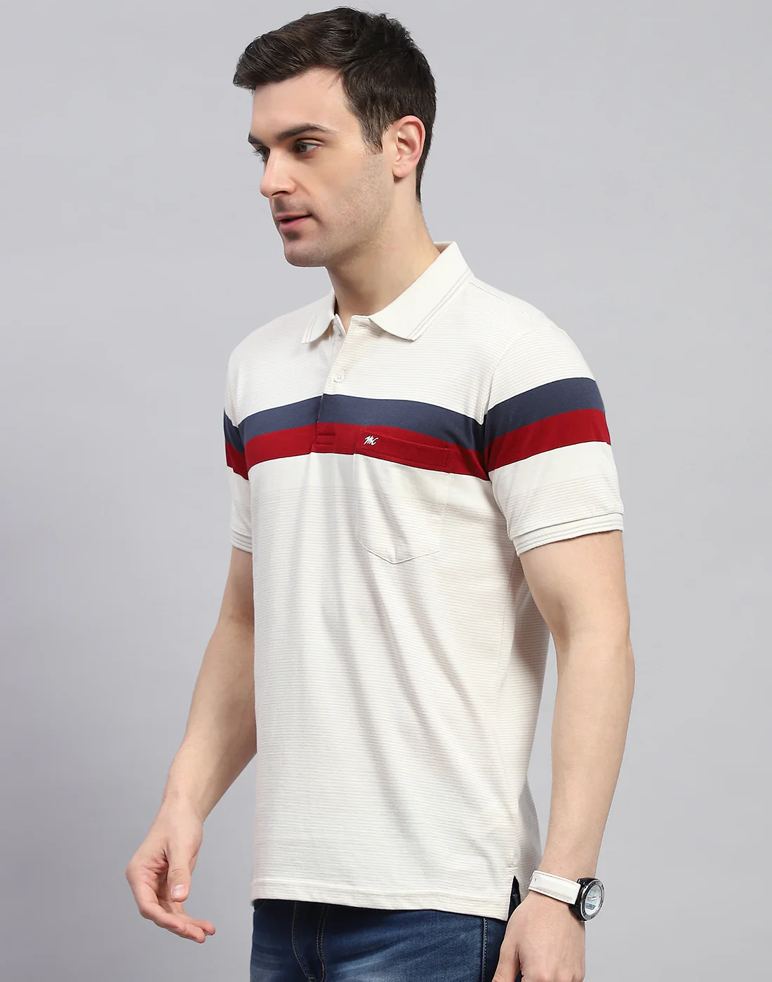 Men Cream Stripe Polo Collar Half Sleeve T-Shirt - Image 3