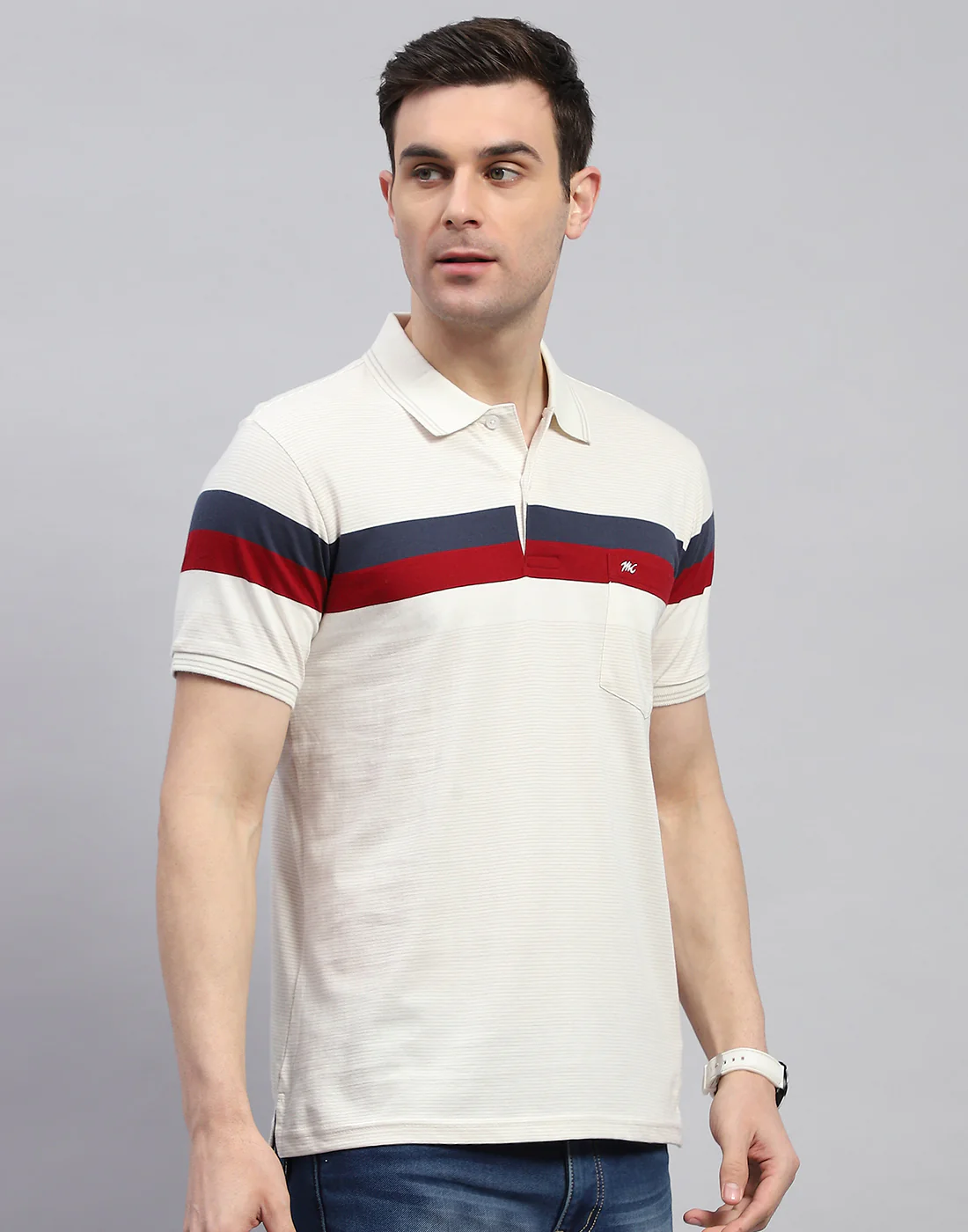 Men Cream Stripe Polo Collar Half Sleeve T-Shirt - Image 4