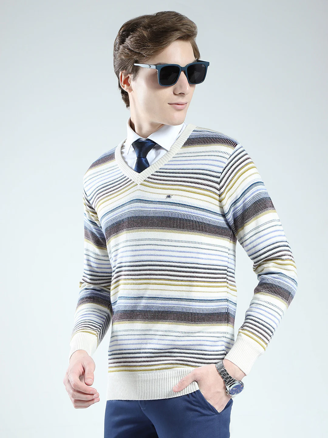 Men Cream Stripe V Neck Full Sleeve Pullover - Image 3