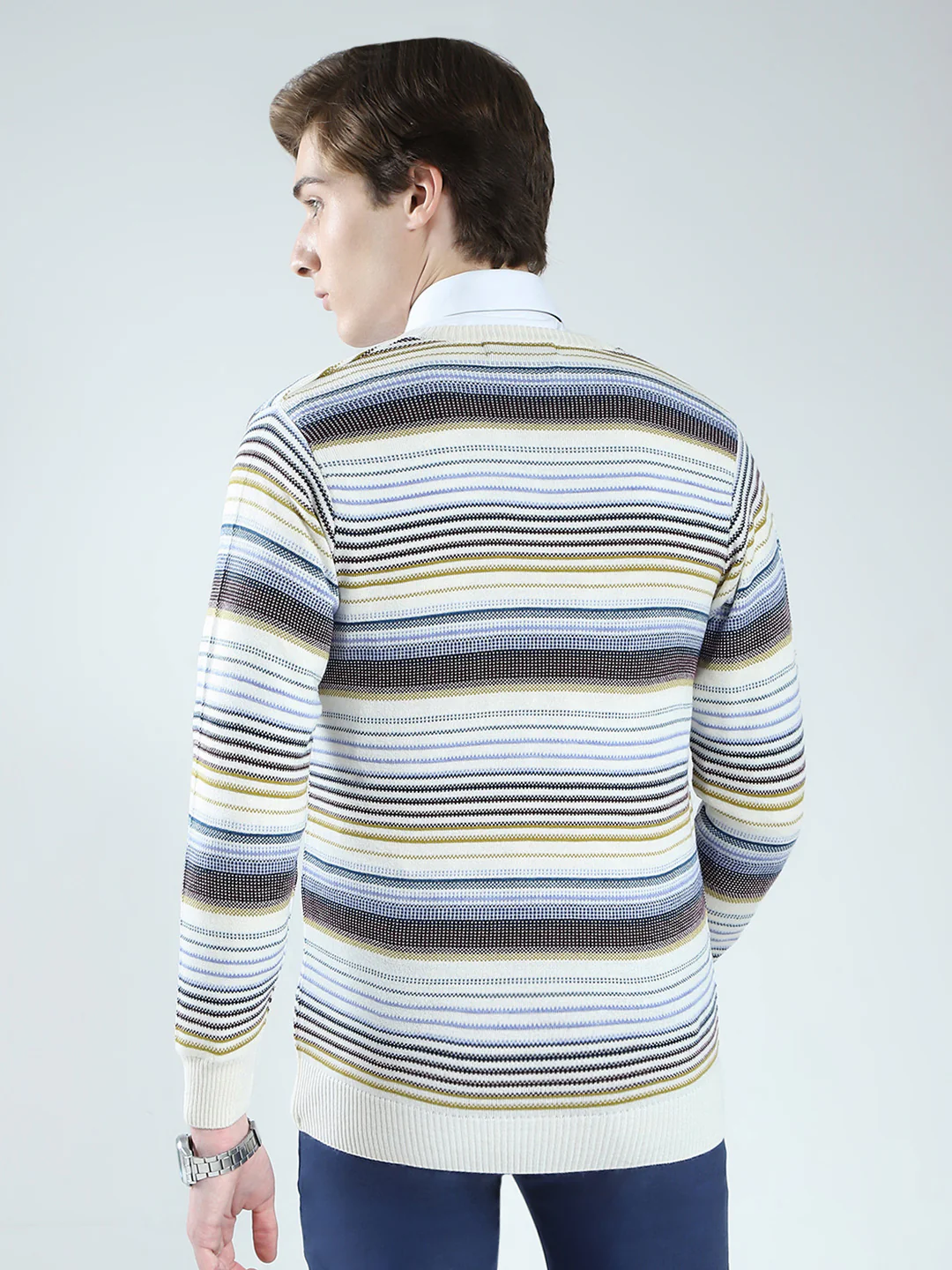 Men Cream Stripe V Neck Full Sleeve Pullover - Image 5