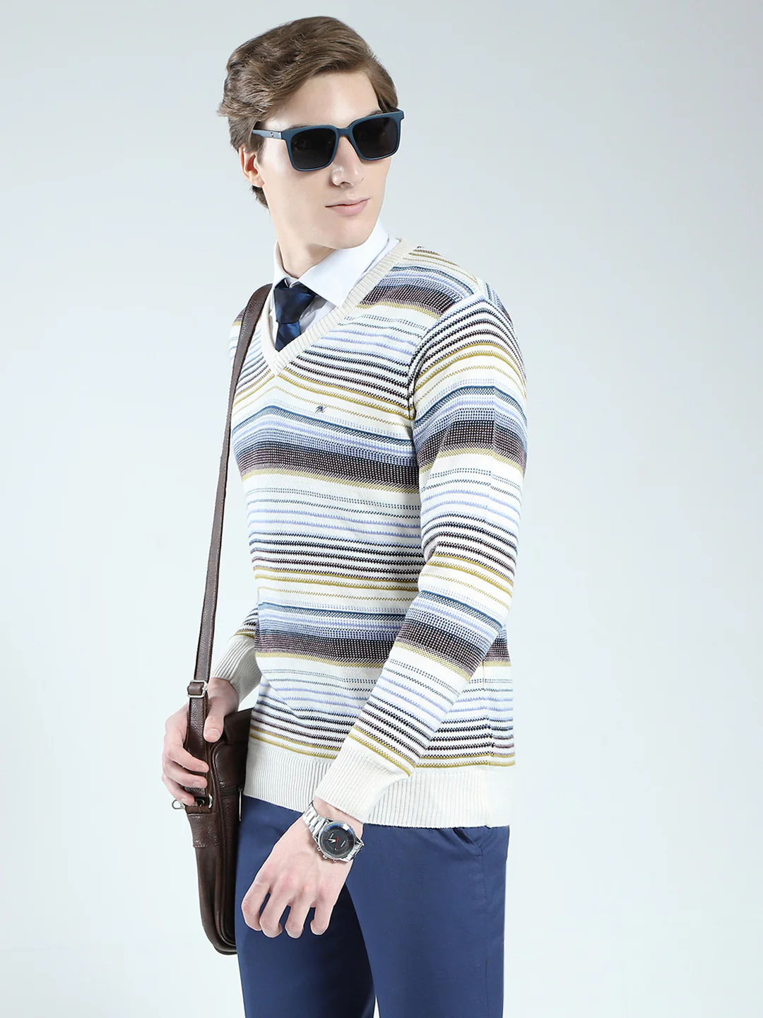 Men Cream Stripe V Neck Full Sleeve Pullover - Image 6