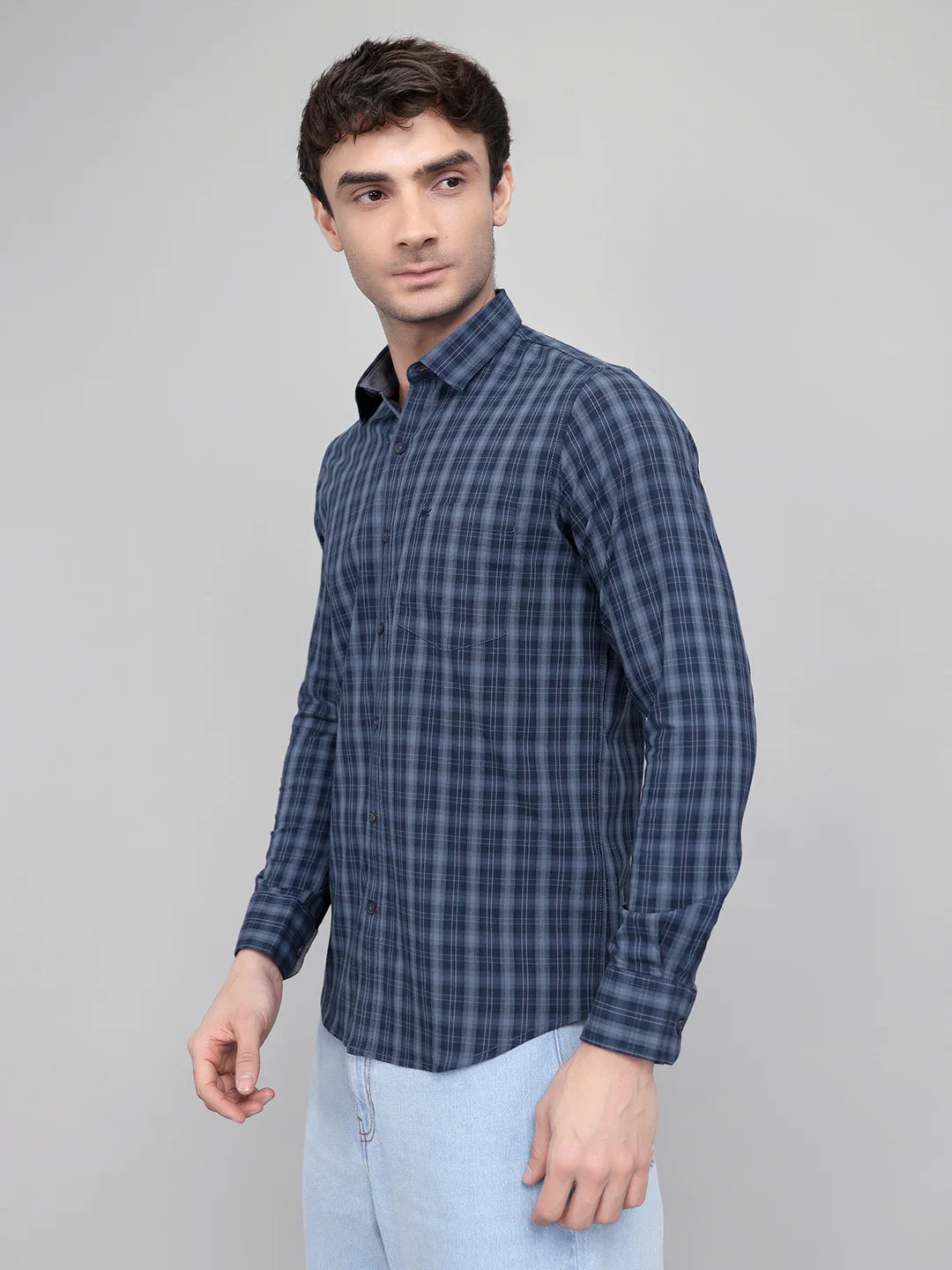 Men Dark Blue Check Collar Full Sleeve Shirt - Image 2