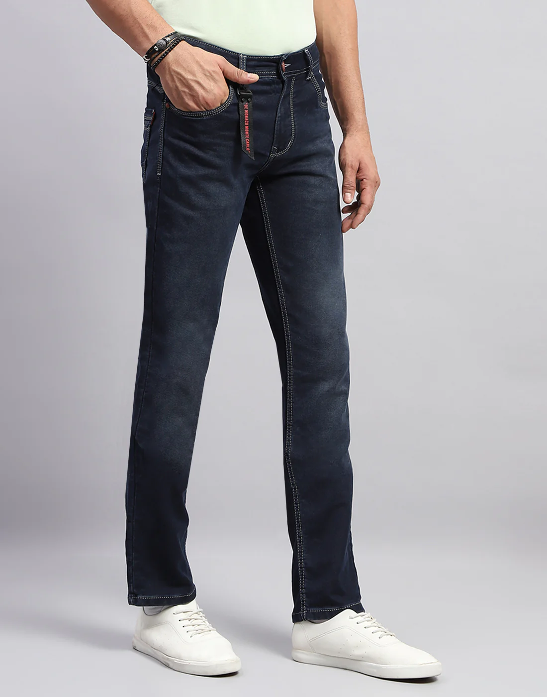 Men Dark Blue Light Wash Narrow Fit Denim - Image 4