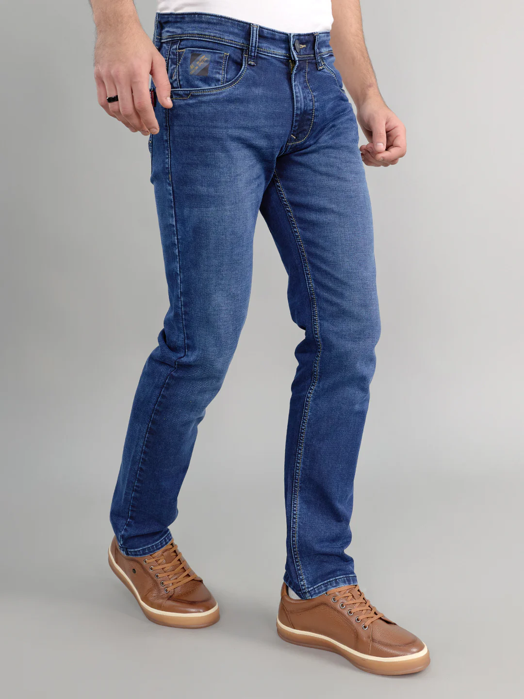 Men Dark Blue Light Wash Narrow Fit Denim - Image 3