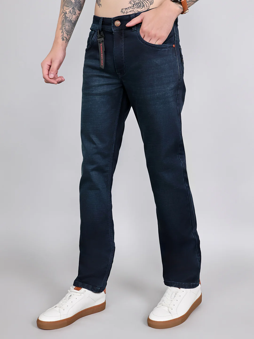 Men Dark Blue Light Wash Slim Fit Denim - Image 2
