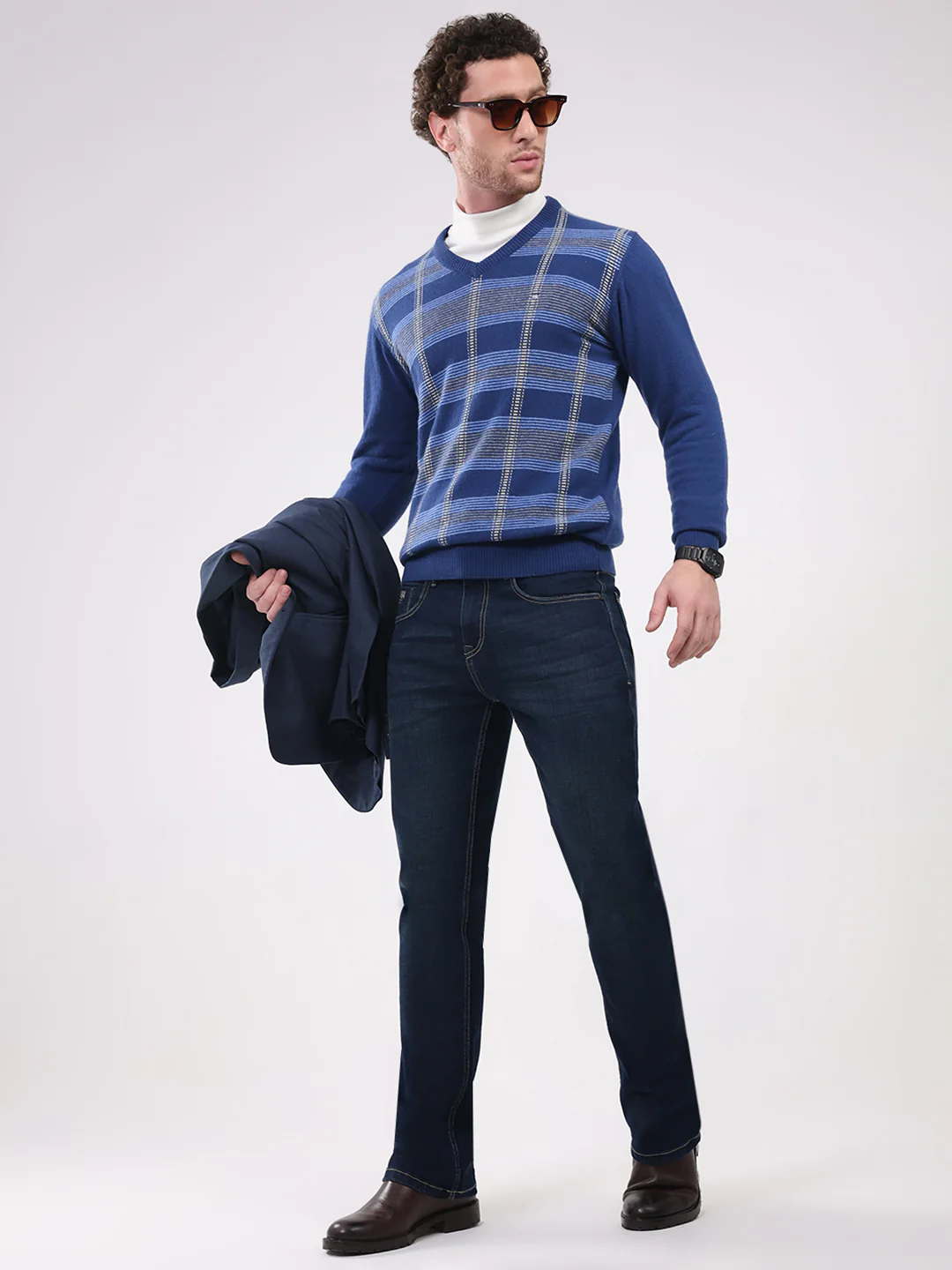 Men Dark Blue Printed V Neck Full Sleeve Pullover - Image 2